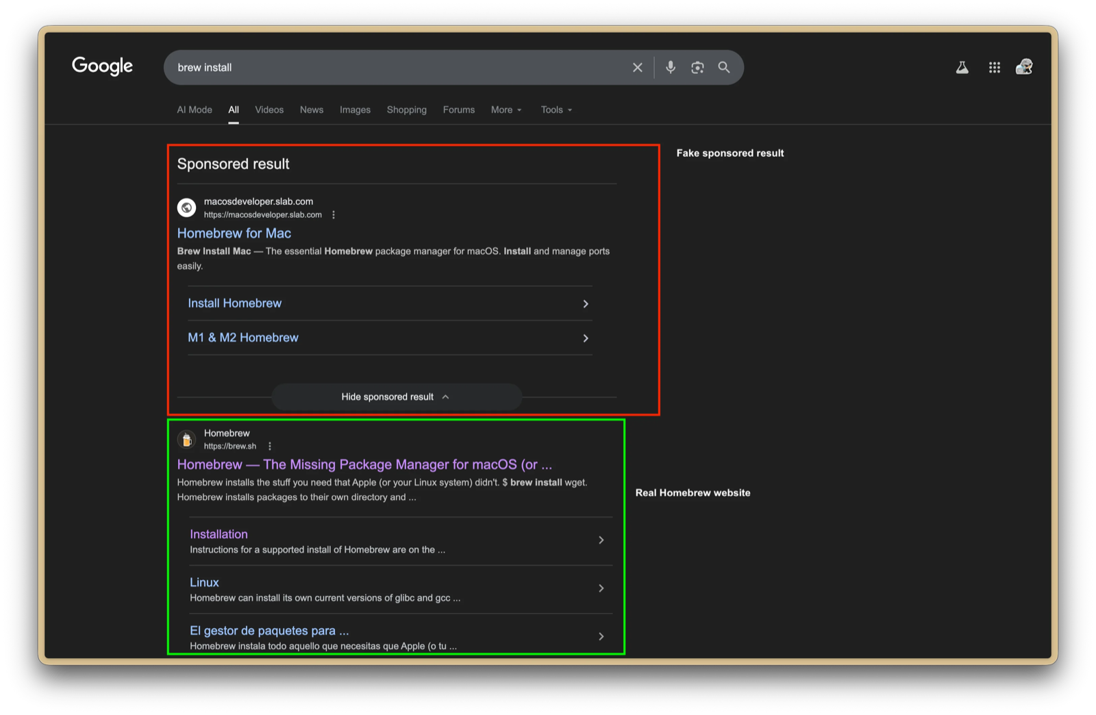 A Google search for "brew install" showing a fake sponsored result for Homebrew from macosdeveloper.slab.com outlined in red, above the real Homebrew website at brew.sh outlined in green.